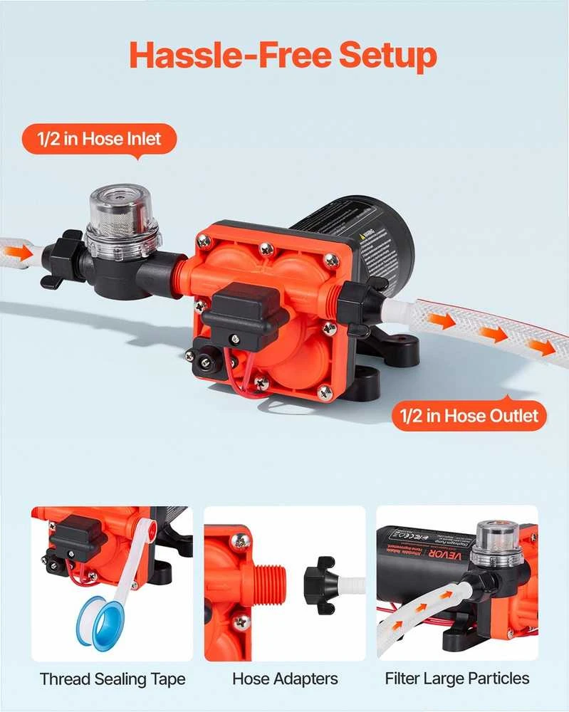 Vandens siurblys kemperiams ir jachtoms, 12V DC 22.7 L/min 4 kamerų savaime užsipildantis diafragminis siurblys su automatiniu slėgio jungikliu, 4.83 bar vandens pompa sodo laistymui