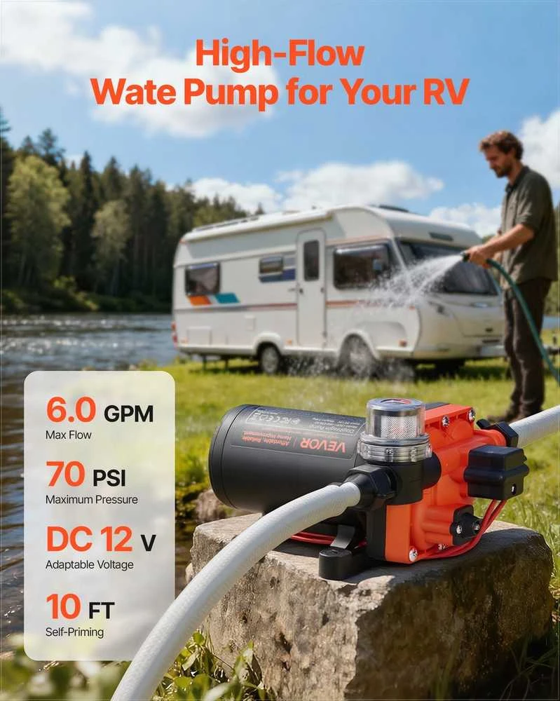 Vandens siurblys kemperiams ir jachtoms, 12V DC 22.7 L/min 4 kamerų savaime užsipildantis diafragminis siurblys su automatiniu slėgio jungikliu, 4.83 bar vandens pompa sodo laistymui