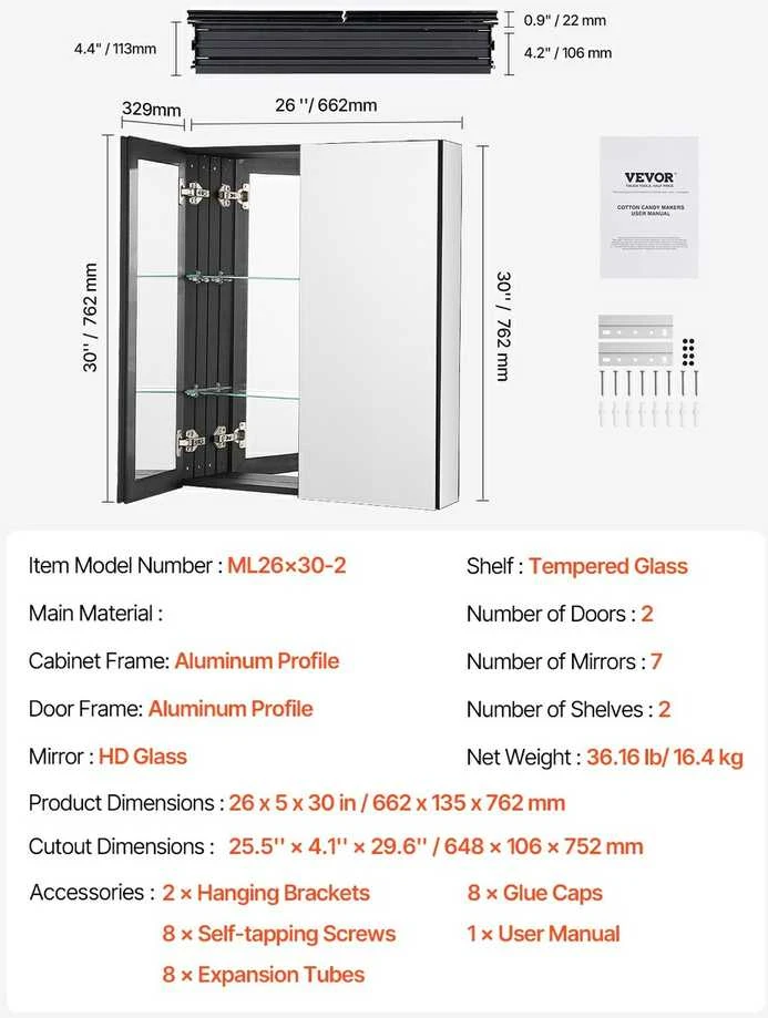 Veidrodinė vaistinėlės spintelė, reguliuojamos lentynos, vonios spintelė, 662 x 762 mm, sieninė spintelė, įleidžiama vaistinėlės spintelė