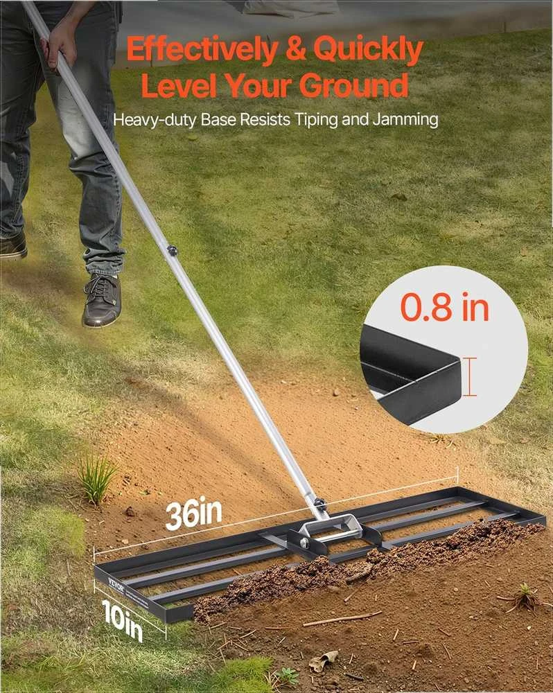 Vejos lyginimo grėblys, reguliuojamas 3 aukščių dirvožemio lygintuvas su 2130 mm rankena, anglinis plienas, sodo ir golfo aikštyno priežiūros įrankis, žemės plokštė vejai lyginti