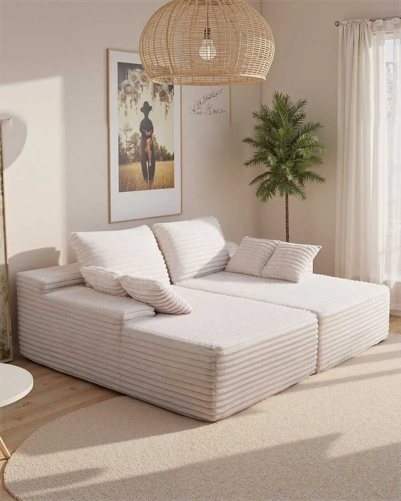 Velvetinė sofa su gilia sėdyne, didelis dvigubas šezlongas, nereikia surinkti, smėlio spalvos sekcijinė sofa svetainei ir miegamajam, jauki dvivietė sofa su minkštomis pagalvėmis, minkštas baldas poilsiui