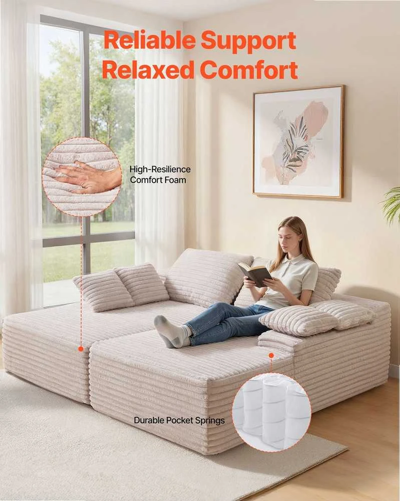 Velvetinė sofa su gilia sėdyne, didelis dvigubas šezlongas, nereikia surinkti, smėlio spalvos sekcijinė sofa svetainei ir miegamajam, jauki dvivietė sofa su minkštomis pagalvėmis, minkštas baldas poilsiui