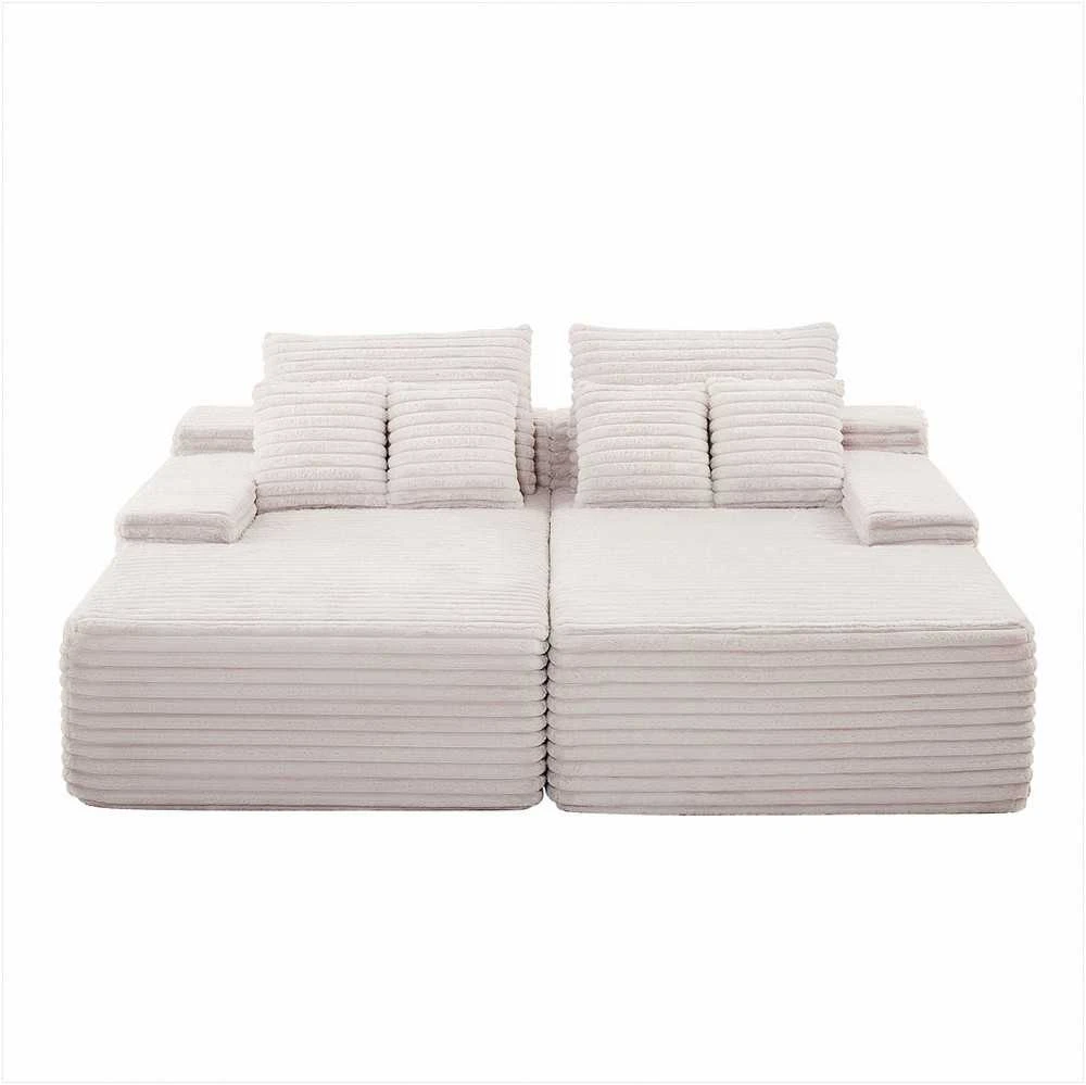 Velvetinė sofa su gilia sėdyne, didelis dvigubas šezlongas, nereikia surinkti, smėlio spalvos sekcijinė sofa svetainei ir miegamajam, jauki dvivietė sofa su minkštomis pagalvėmis, minkštas baldas poilsiui
