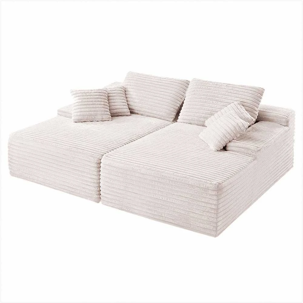 Velvetinė sofa su gilia sėdyne, didelis dvigubas šezlongas, nereikia surinkti, smėlio spalvos sekcijinė sofa svetainei ir miegamajam, jauki dvivietė sofa su minkštomis pagalvėmis, minkštas baldas poilsiui