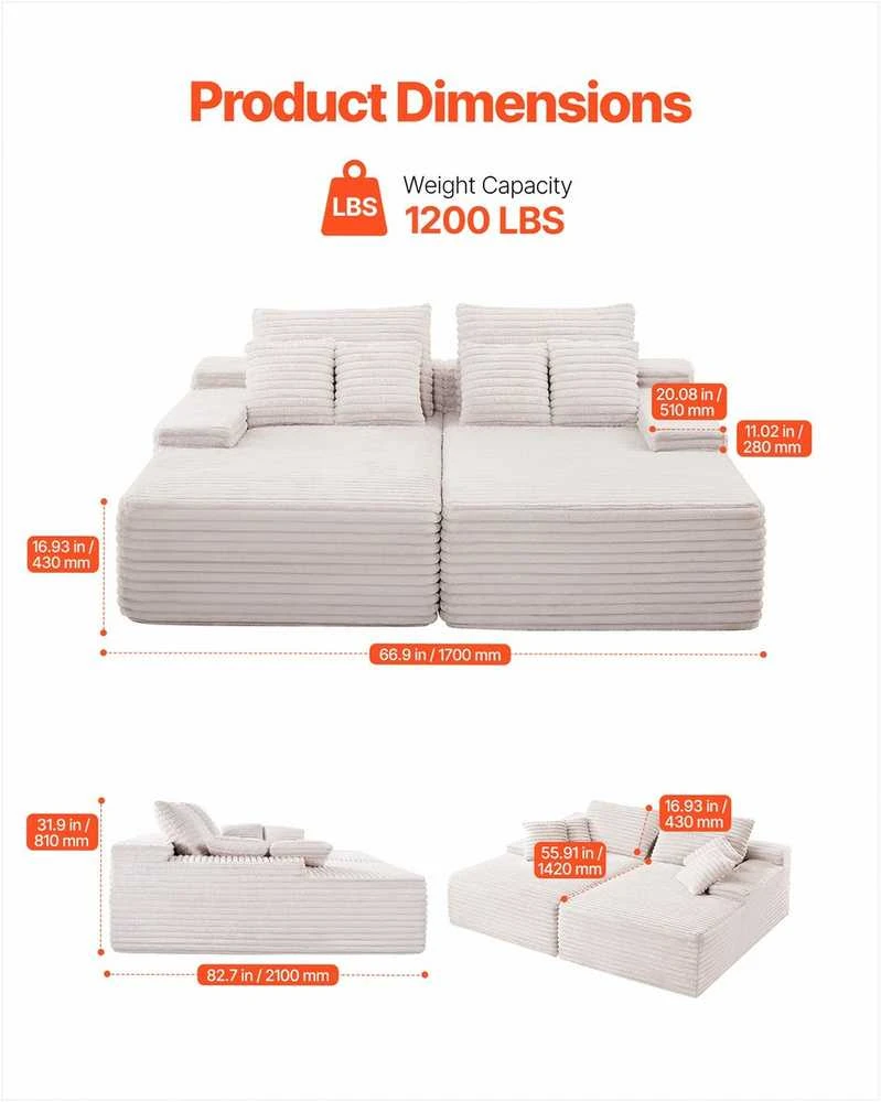 Velvetinė sofa su gilia sėdyne, didelis dvigubas šezlongas, nereikia surinkti, smėlio spalvos sekcijinė sofa svetainei ir miegamajam, jauki dvivietė sofa su minkštomis pagalvėmis, minkštas baldas poilsiui