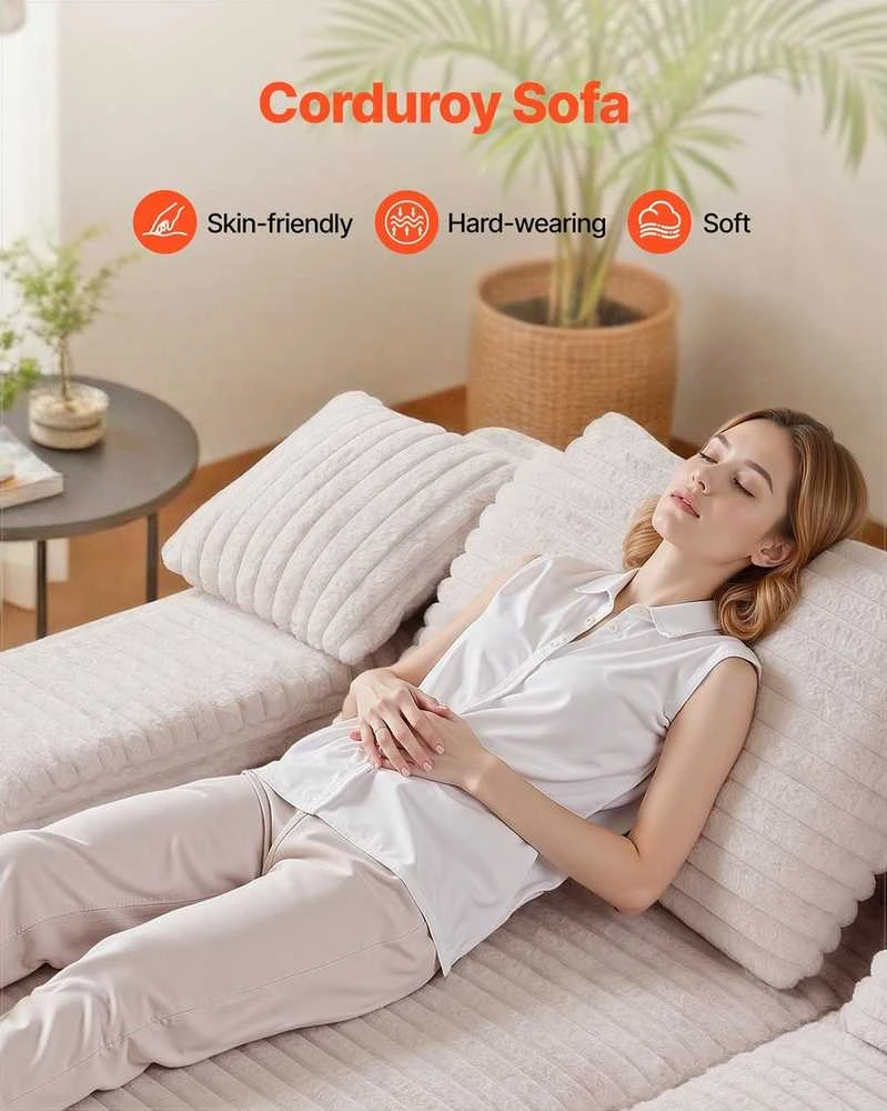 Velvetinė sofa su gilia sėdyne, didelis dvigubas šezlongas, nereikia surinkti, smėlio spalvos sekcijinė sofa svetainei ir miegamajam, jauki dvivietė sofa su minkštomis pagalvėmis, minkštas baldas poilsiui