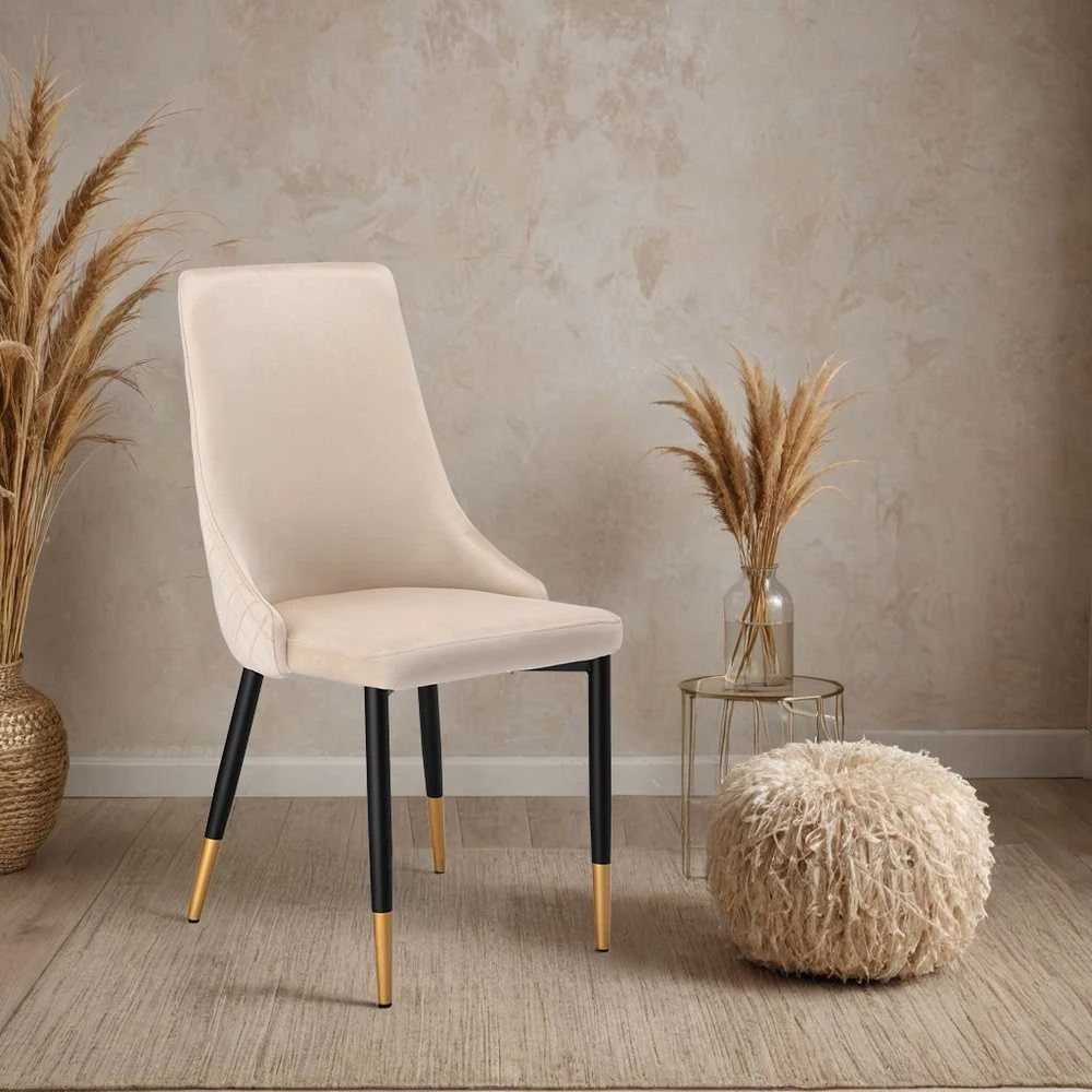 Velvetinis valgomojo kėdė, smėlio spalvos, modernus dizainas, dygsniuota, ergonomiška, patogi virtuvės kėdė su atlošu