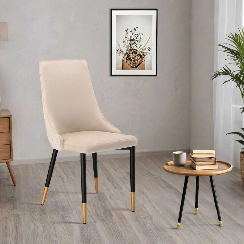 Velvetinis valgomojo kėdė, smėlio spalvos, modernus dizainas, dygsniuota, ergonomiška, patogi virtuvės kėdė su atlošu