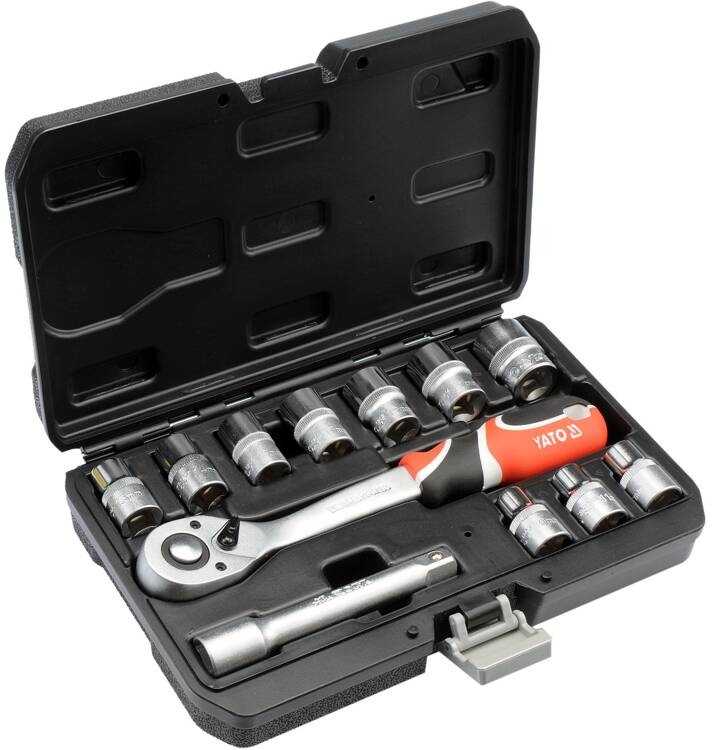 Veržliarakčių lizdų rinkinys 1/2", 12 vnt., skirtas automobilių ir mechaninėms paslaugoms, lizdų rinkinys