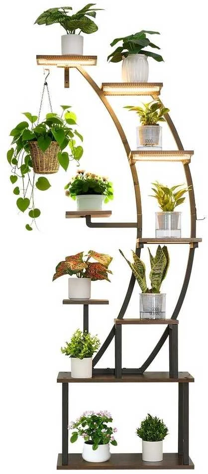 Vidaus augalų stovas su apšvietimu, 160 cm, 9 pakopų augalų lentyna, metalinis kampinis laikiklis, lenkta gėlių ekspozicija svetainei, balkonui, augalų organizatorius (Ekspozicinė prekė)