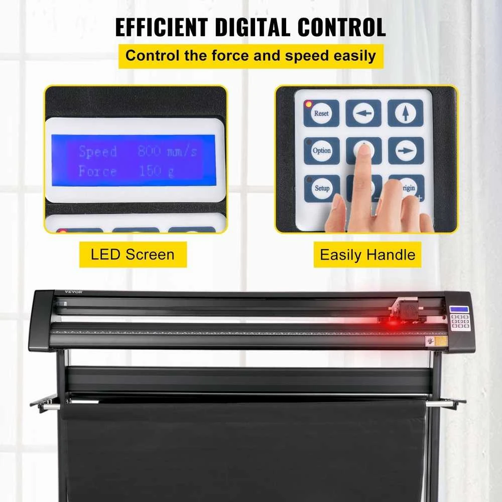Vinilo pjaustytuvas 1350 mm, LED ekranas, optinė akis, pjaustyklis su stovu, reklaminių iškabų gamybai, lipdukų pjaustymo braižytuvas