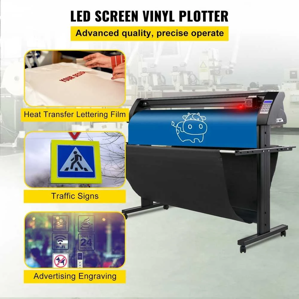 Vinilo pjaustytuvas 1350 mm, LED ekranas, optinė akis, pjaustyklis su stovu, reklaminių iškabų gamybai, lipdukų pjaustymo braižytuvas