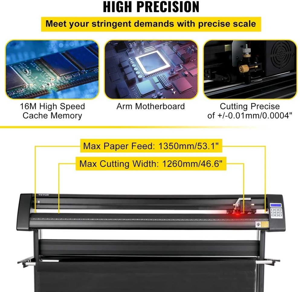 Vinilo pjaustytuvas 1350 mm, LED ekranas, optinė akis, pjaustyklis su stovu, reklaminių iškabų gamybai, lipdukų pjaustymo braižytuvas
