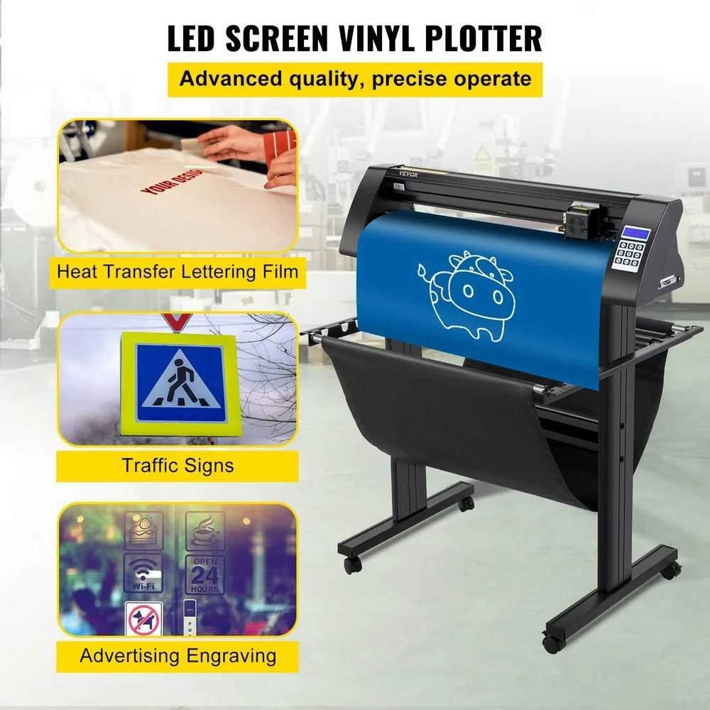 Vinilo pjaustytuvas 720 mm, LED ekranas, optinis jutiklis, stovas, lipdukų, reklaminių užrašų, grafikos pjovimo braižytuvas