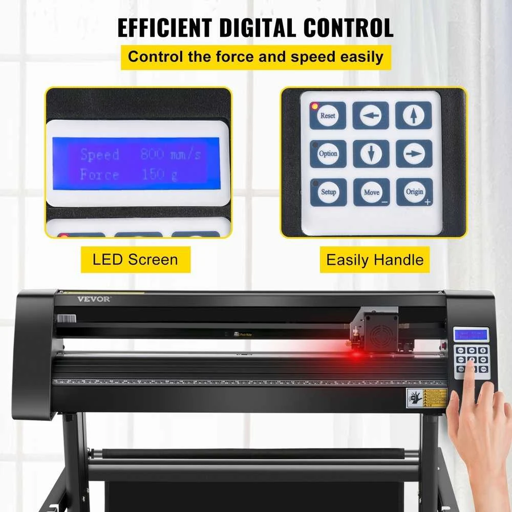 Vinilo pjaustytuvas 720 mm, LED ekranas, optinis jutiklis, stovas, lipdukų, reklaminių užrašų, grafikos pjovimo braižytuvas