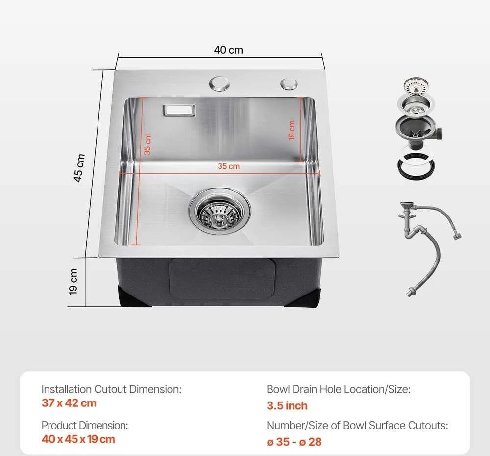 Virtuvės plautuvė 40 cm, įleidžiama, nerūdijančio plieno, vieno dubens, barui, praustuvė