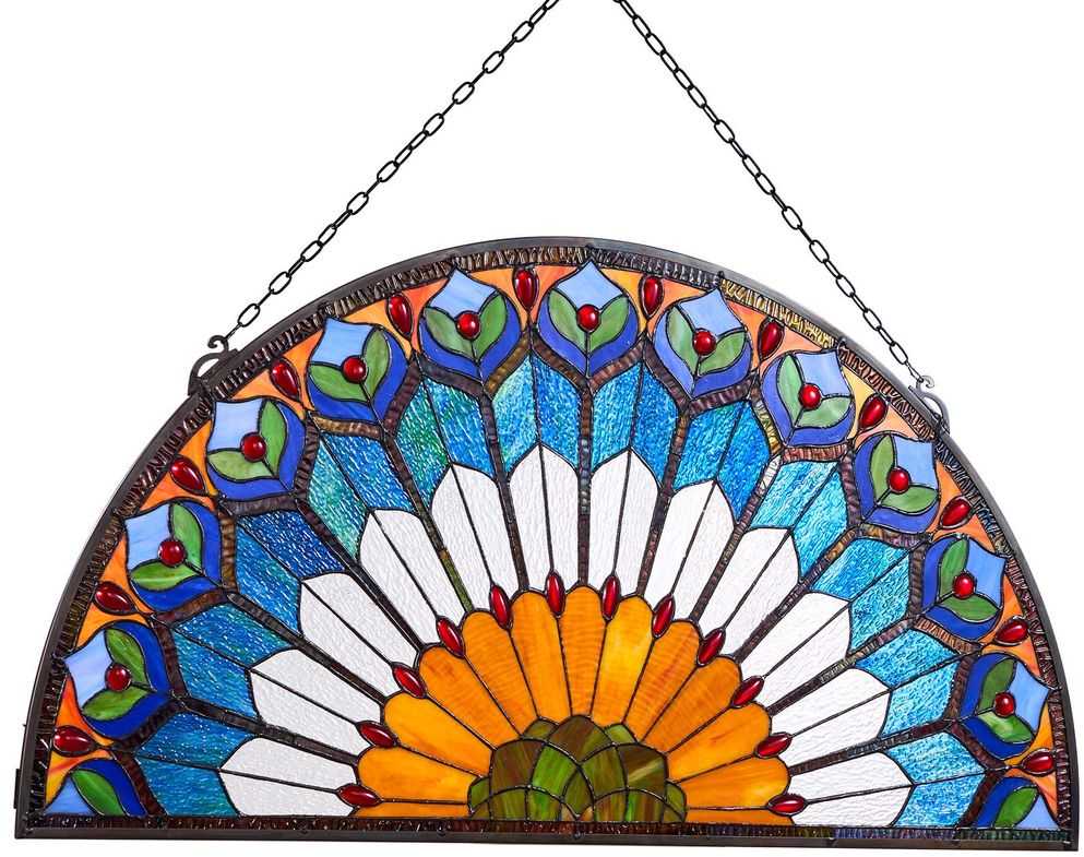 Vitražinis lango skydelis, Tiffany stiliaus pakabinamas langas, dekoratyvinis stiklo intarpas, vintažinis vitražo dekoras, pusapvalis vitražo skydelis