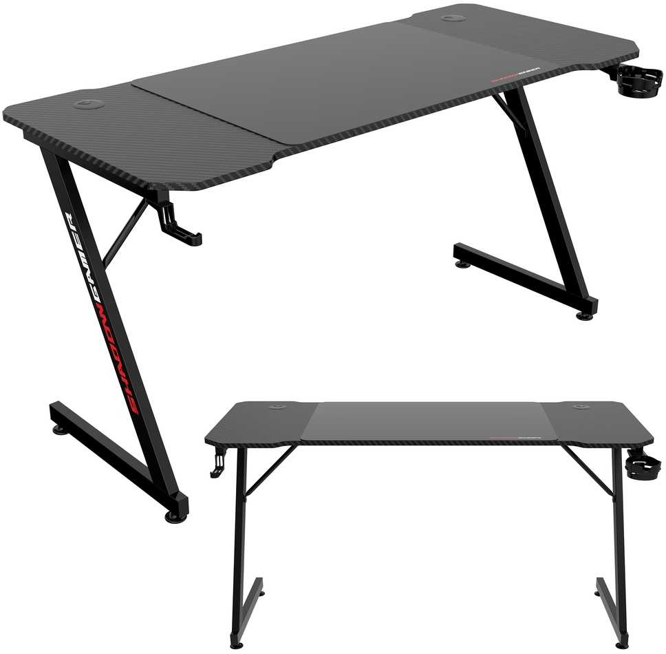 Žaidimų stalas 140 cm su kilimėliu, puodelio laikikliu, ausinių kabliu, juodas kompiuterio stalas, ergonomiška žaidimų stotis, PC stalas, konsolės stalas