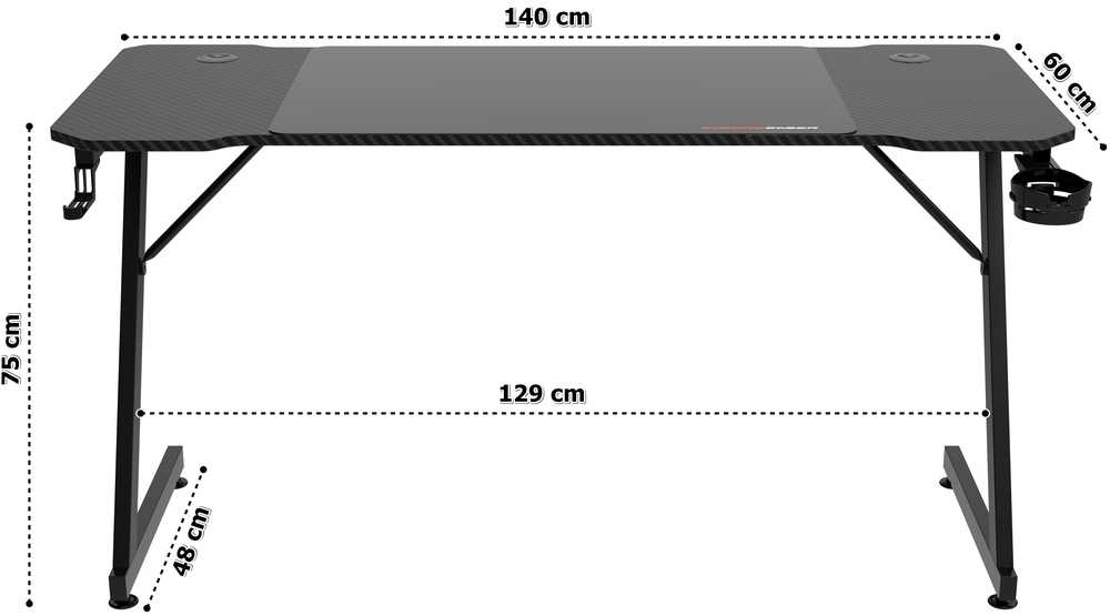 Žaidimų stalas 140 cm su kilimėliu, puodelio laikikliu, ausinių kabliu, juodas kompiuterio stalas, ergonomiška žaidimų stotis, PC stalas, konsolės stalas