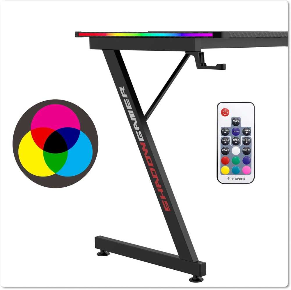 Žaidimų stalas 140 cm su RGB LED apšvietimu ir kilimėliu, juodas kompiuterio stalas, e-sporto stalas, žaidimų konsolės stalas, PC stalas