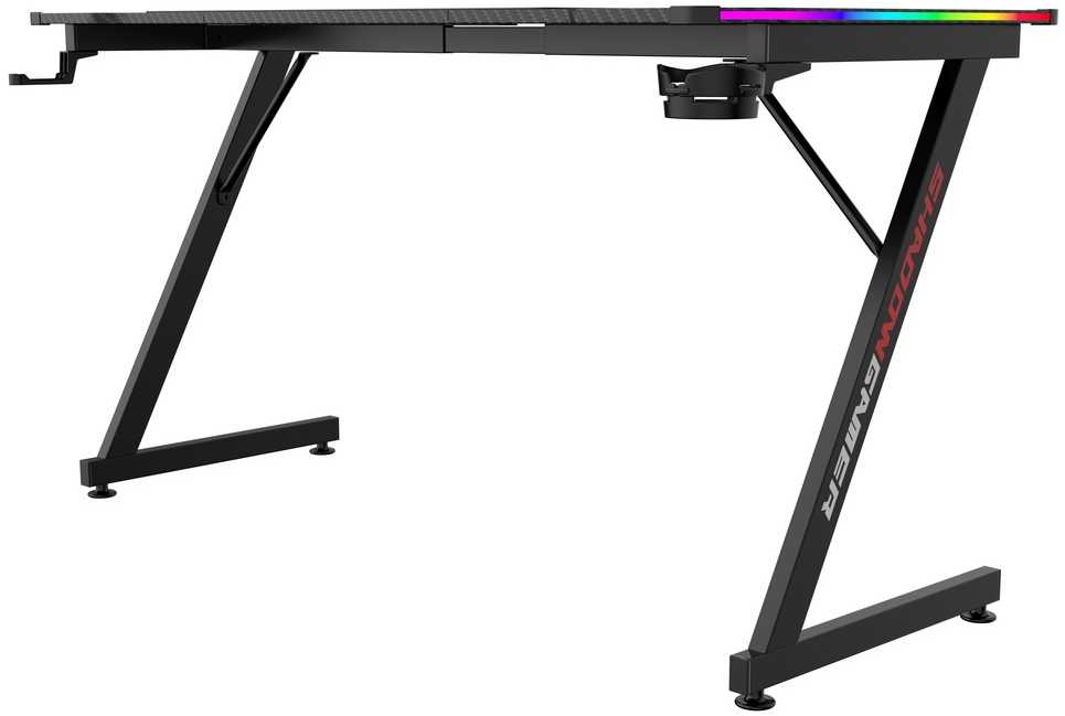 Žaidimų stalas 140 cm su RGB LED apšvietimu ir kilimėliu, juodas kompiuterio stalas, e-sporto stalas, žaidimų konsolės stalas, PC stalas