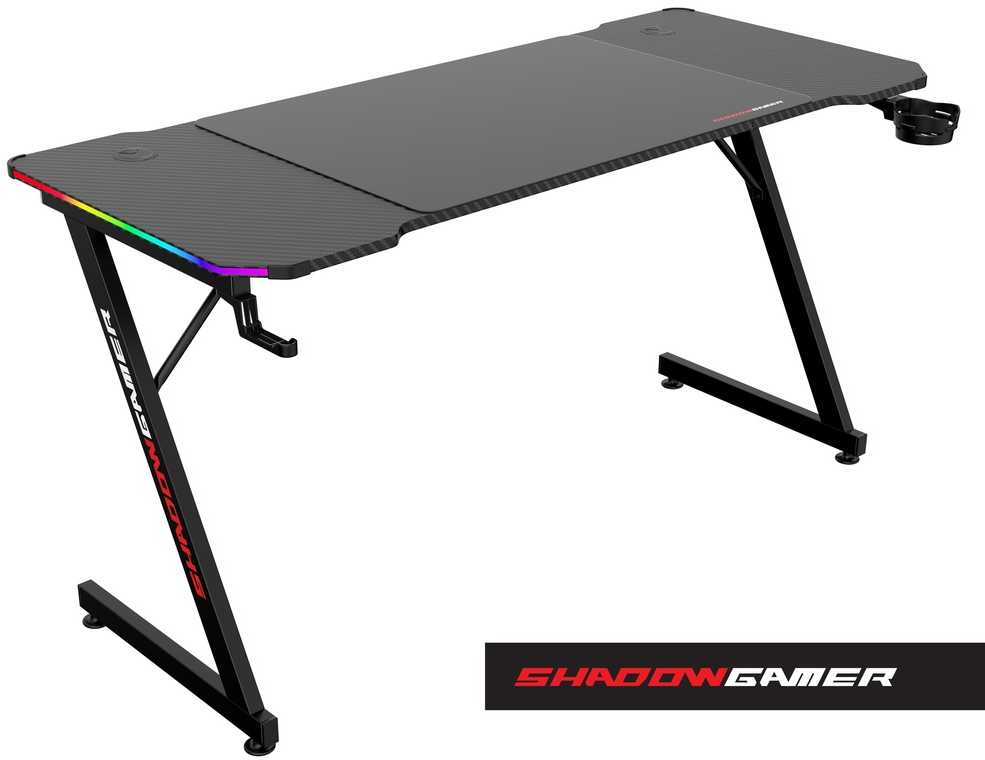 Žaidimų stalas 140 cm su RGB LED apšvietimu ir kilimėliu, juodas kompiuterio stalas, e-sporto stalas, žaidimų konsolės stalas, PC stalas