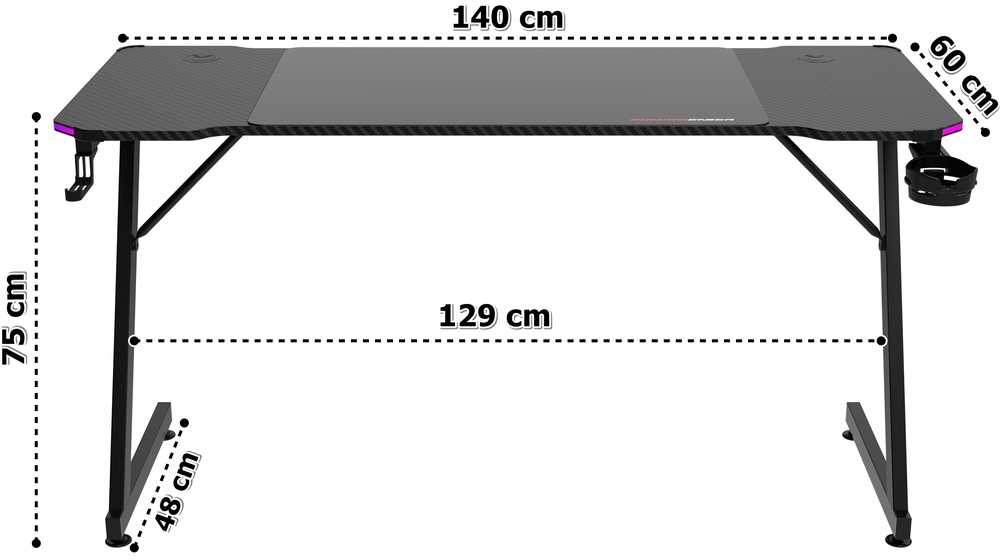 Žaidimų stalas 140 cm su RGB LED apšvietimu ir kilimėliu, juodas kompiuterio stalas, e-sporto stalas, žaidimų konsolės stalas, PC stalas