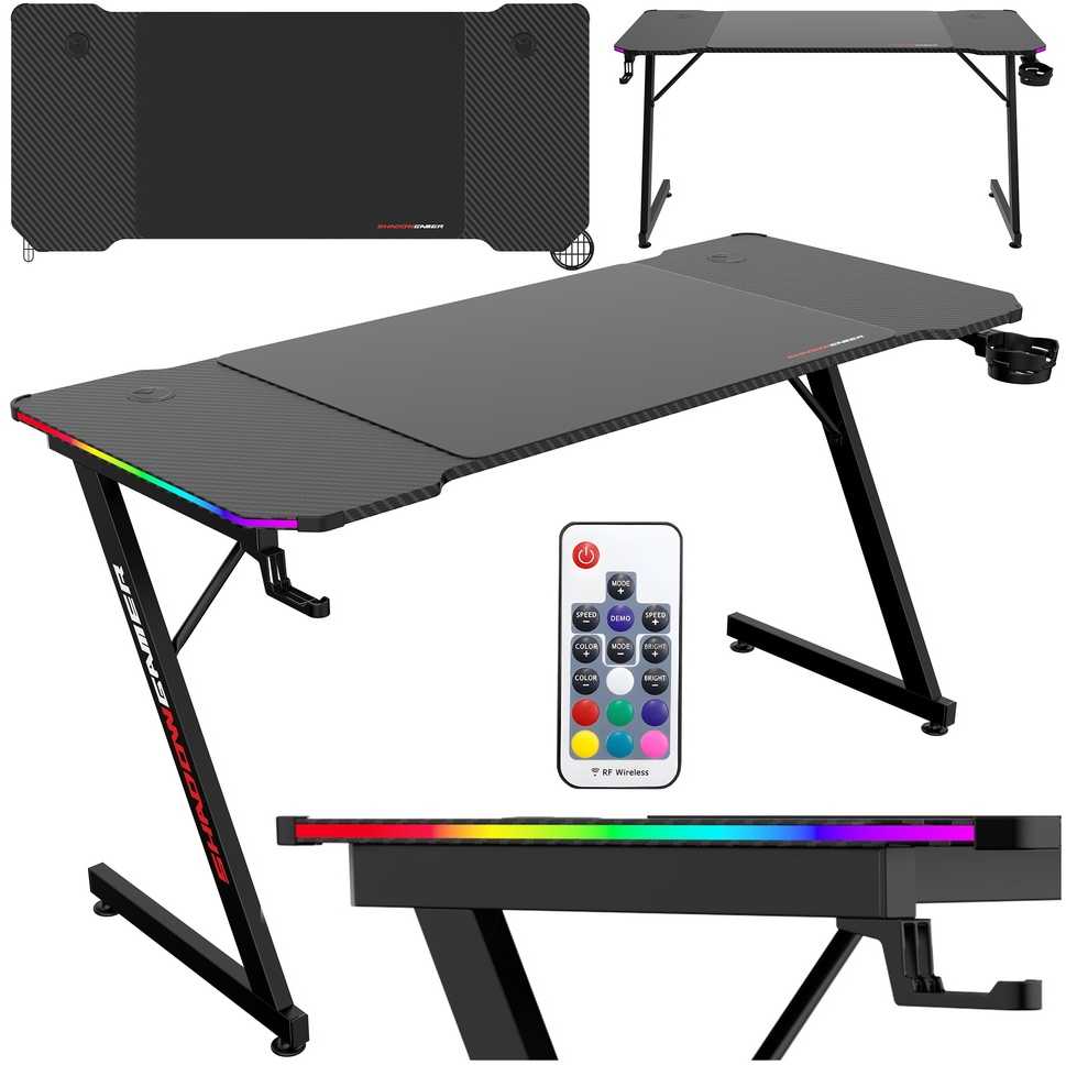 Žaidimų stalas 140 cm su RGB LED apšvietimu ir kilimėliu, juodas kompiuterio stalas, e-sporto stalas, žaidimų konsolės stalas, PC stalas