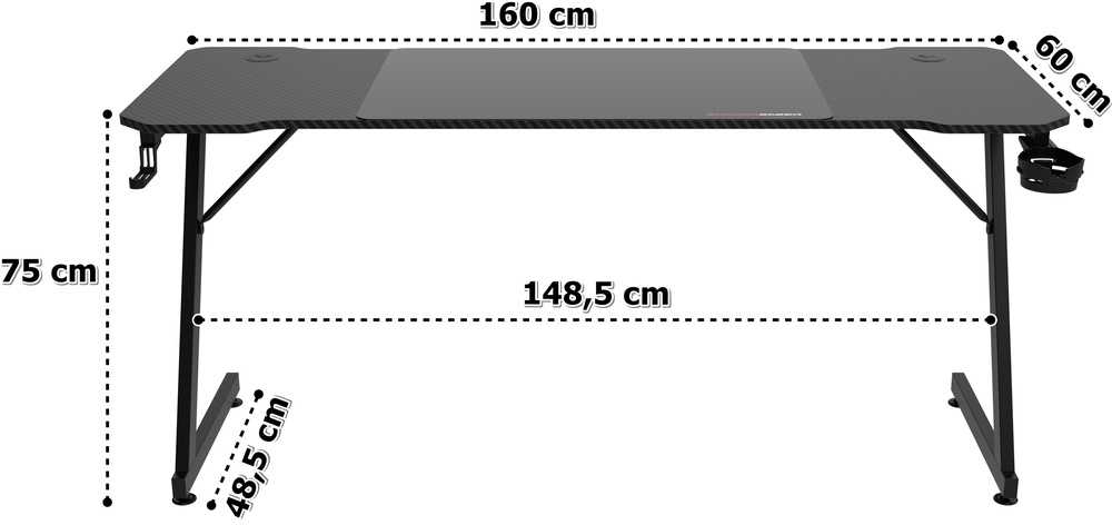 Žaidimų stalas 160 cm su kilimėliu, plieniniu rėmu, juodas, kompiuterio, rašomasis