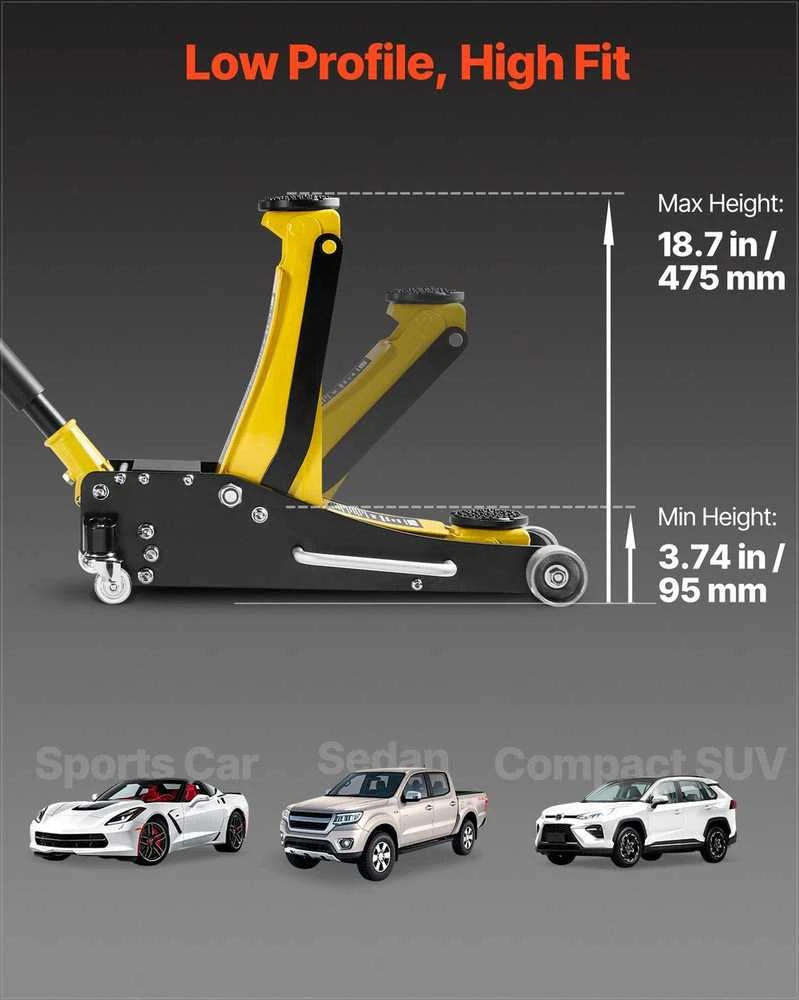 Žemo profilio hidraulinis domkratas 2.5t, aliuminio ir plieno konstrukcija, dviejų stūmoklių greito kėlimo siurblys, kėlimo diapazonas 95-475 mm, automobilių keltuvas serviso įrangai