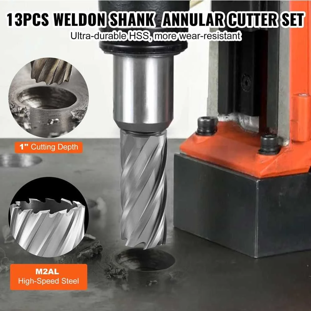 Žiedinių frezų rinkinys, magnetiniams grąžtams, 13 dalių HSS magnetinių grąžtų rinkinys, 2.5 cm pjovimo gylis, plieno ir metalo pjovimas, sunkiosios žiedinės frezos