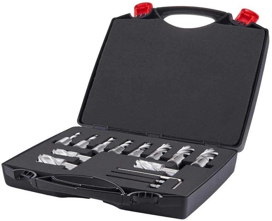 Žiedinių frezų rinkinys, magnetiniams grąžtams, 13 dalių HSS magnetinių grąžtų rinkinys, 2.5 cm pjovimo gylis, plieno ir metalo pjovimas, sunkiosios žiedinės frezos