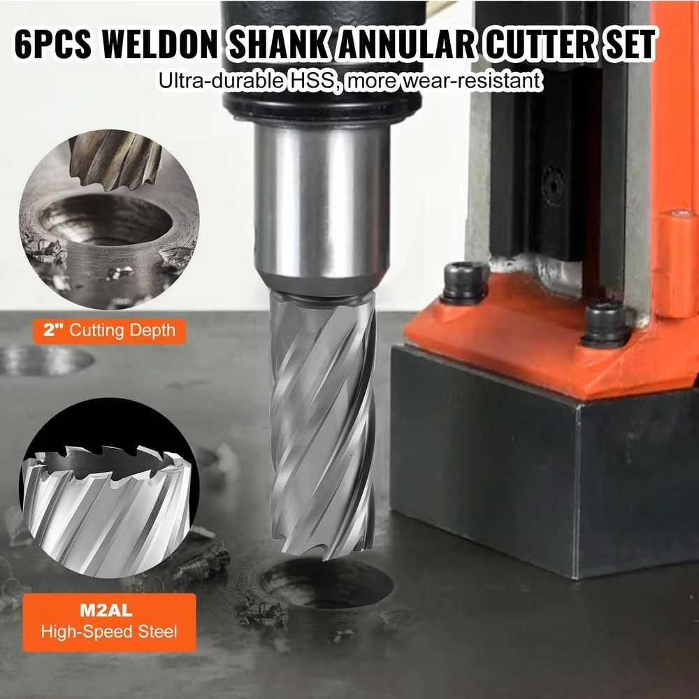 Žiedinių frezų rinkinys, magnetiniams gręžtuvams, greitaeigio plieno skylių pjūklai, 25.4 mm iki 50.8 mm bimetalinių frezų rinkinys, Weldon kotelio skylių frezų rinkinys