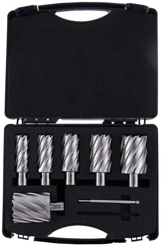 Žiedinių frezų rinkinys, magnetiniams gręžtuvams, greitaeigio plieno skylių pjūklai, 25.4 mm iki 50.8 mm bimetalinių frezų rinkinys, Weldon kotelio skylių frezų rinkinys