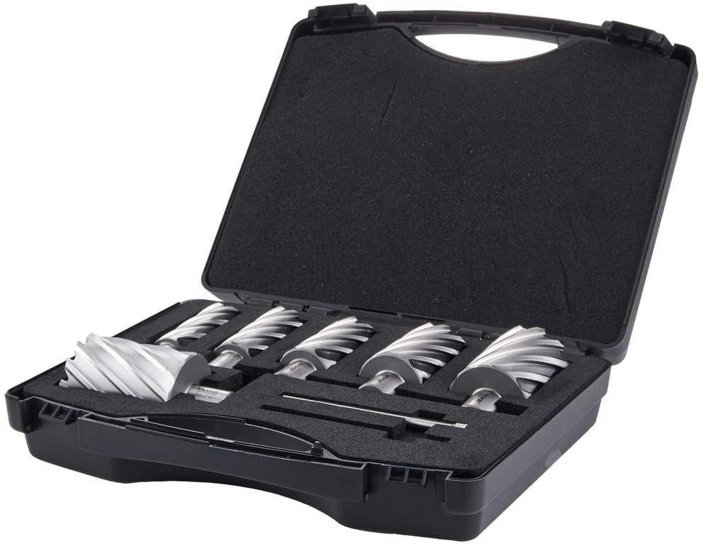Žiedinių frezų rinkinys, magnetiniams gręžtuvams, greitaeigio plieno skylių pjūklai, 25.4 mm iki 50.8 mm bimetalinių frezų rinkinys, Weldon kotelio skylių frezų rinkinys