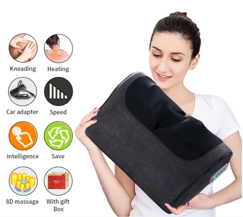 Elektrinė Shiatsu masažo pagalvė su infraraudonųjų spindulių šildymu Jinkairui, juoda