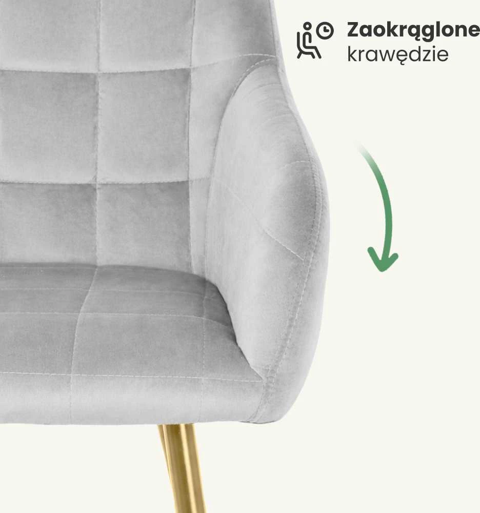Akord Luxano kvadratiniu raštu dygsniuotos minkštos valgomojo kėdės, 4 vnt., pilkos spalvos, aukso spalvos kojelės