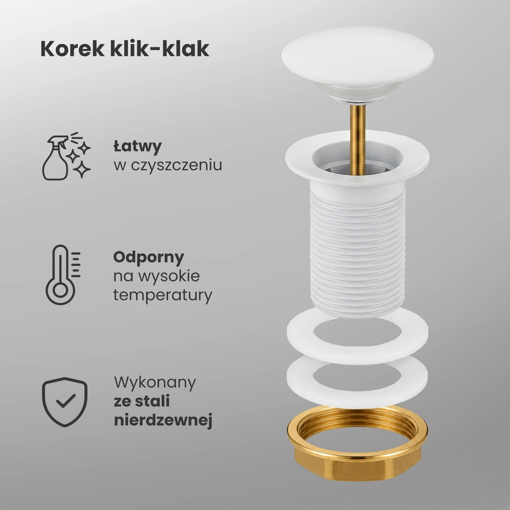 Akord click-clack dugno vožtuvas be persipylimo angos, baltos spalvos