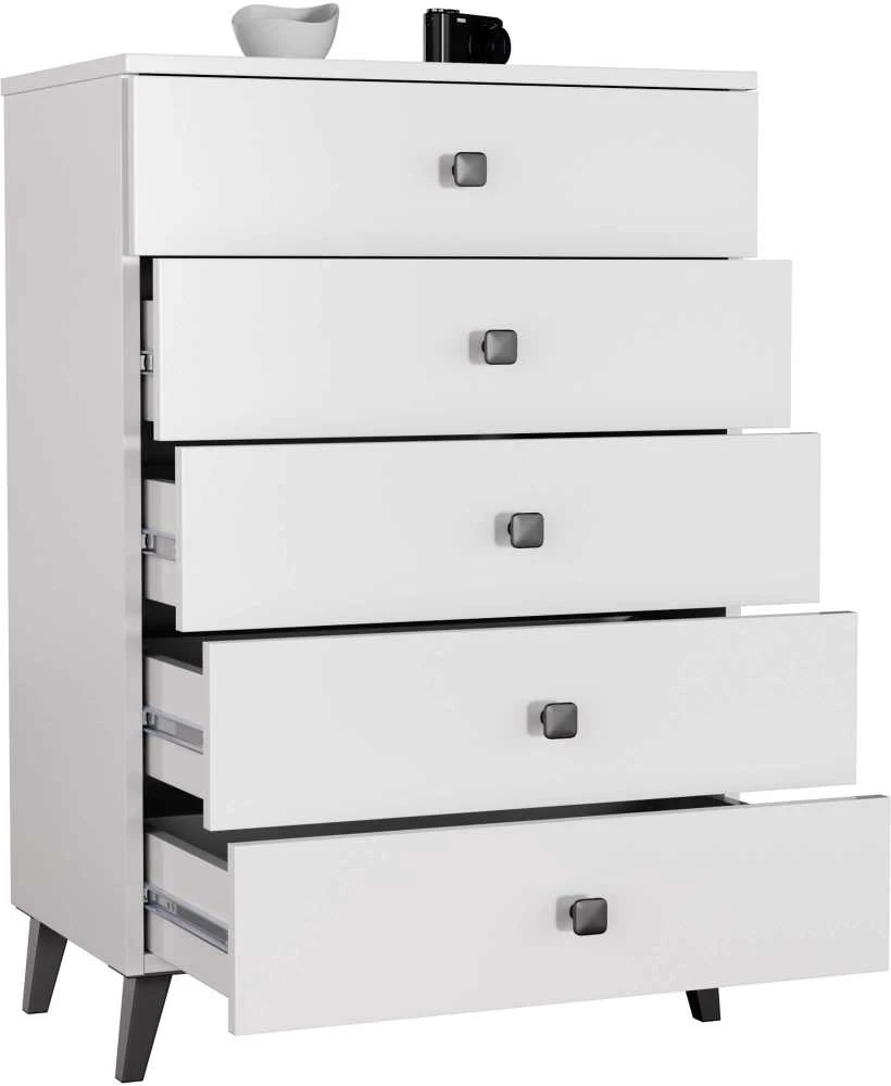 Akord Mobi K-05 komoda, 5 stalčiai, baltos / juodos spalvos