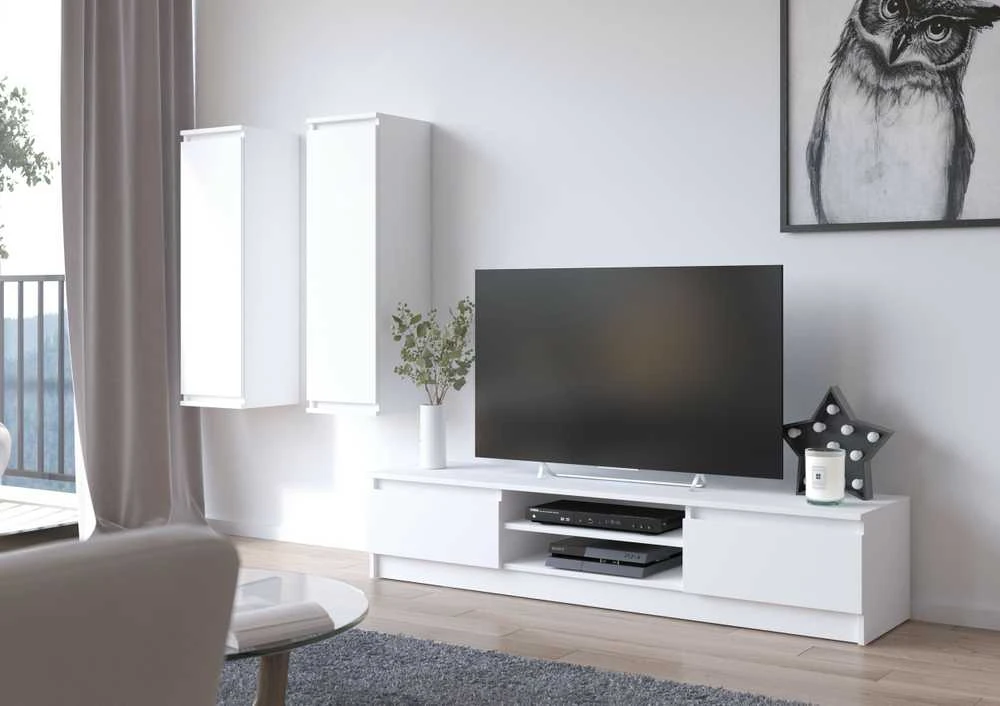TV staliukas Akord svetainės baldų komplektas su vitrinine spintele ir televizoriaus spintele, baltos spalvos