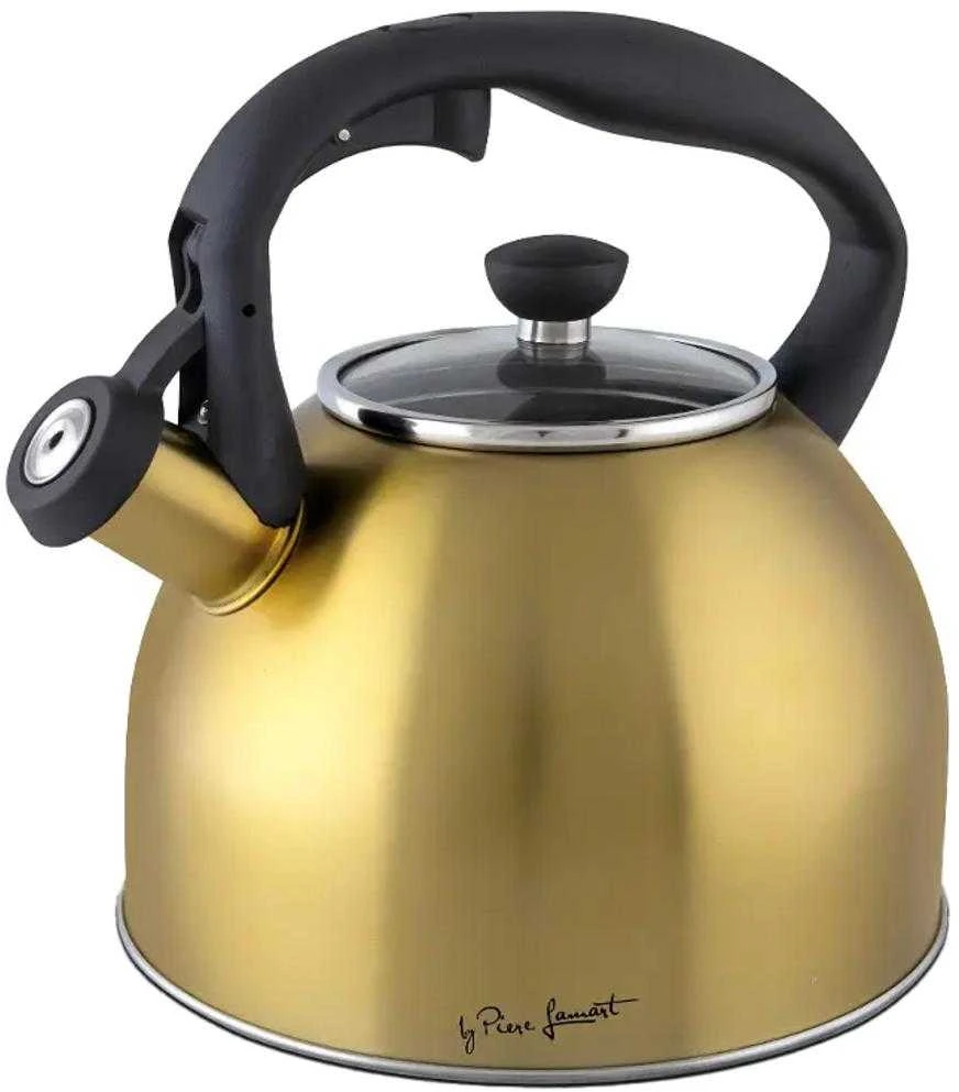 Auksinis metalinis 2,5L arbatinukas su juoda rankena