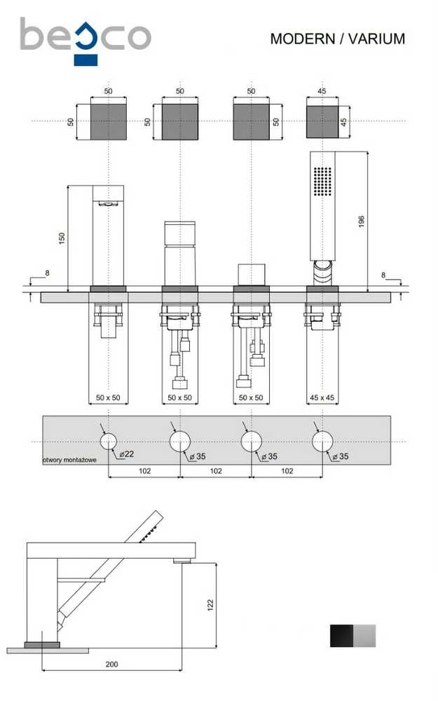 4 dalių vonios maišytuvas Besco Modern / Varium, Juodas matt