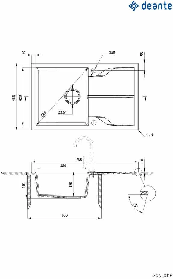 Deante granitinė virtuvinė plautuvė Deante Andante Flush, ZQN_A11F, Alabaster