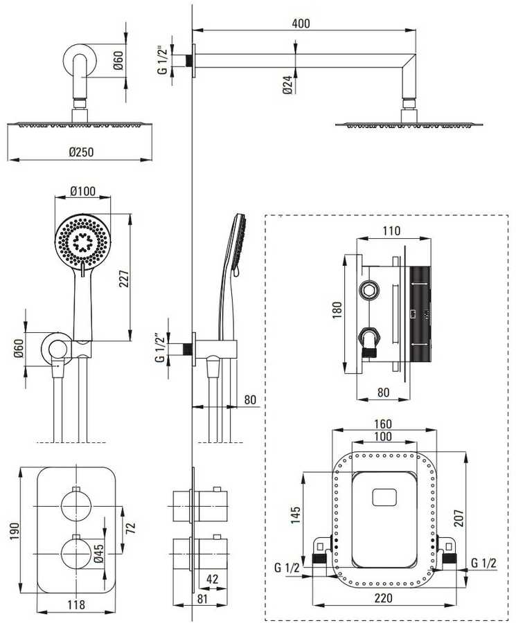 Deante potinkinis termostatinis dušo komplektas BOX, BXYZFEBT, Brushed steel