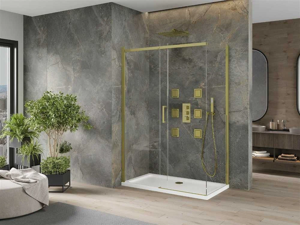 Dušo kabina Mexen Omega su padėklu ir sifonu, Gold+Baltas/Gold, 140 x 80 cm