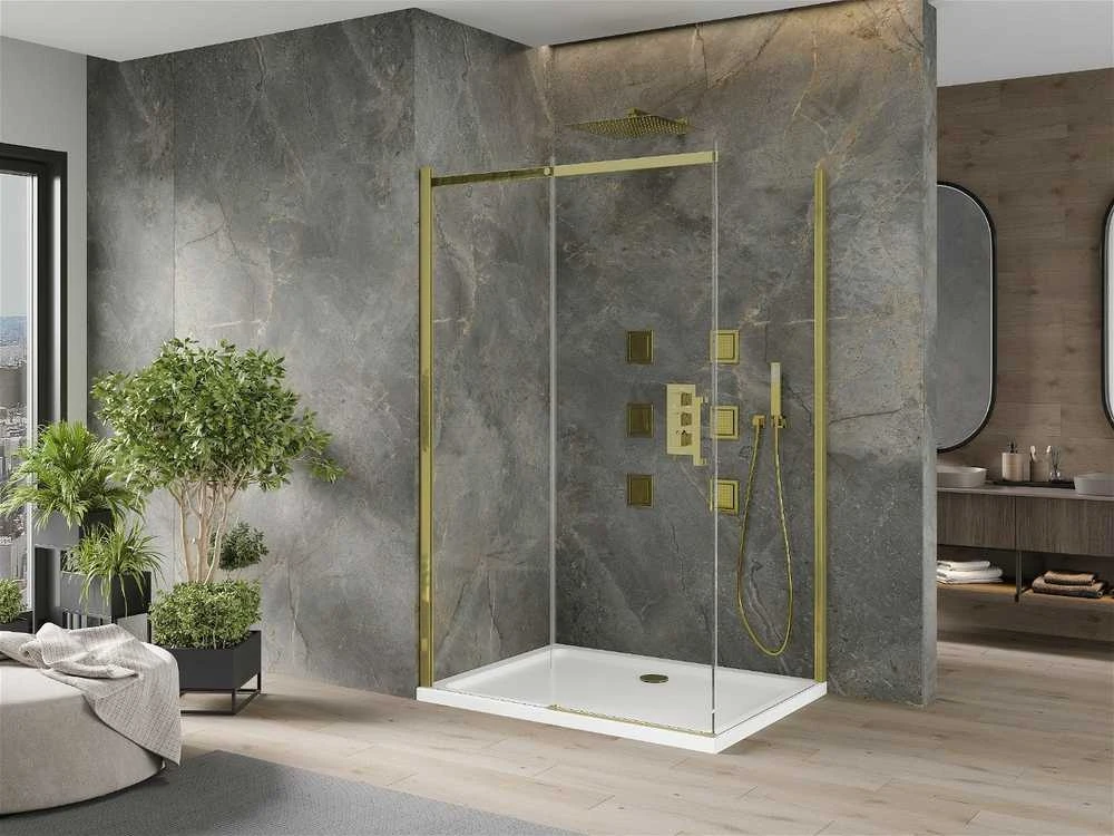 Dušo kabina Mexen Omega su padėklu ir sifonu, Gold+Baltas/Gold, 130 x 90 cm