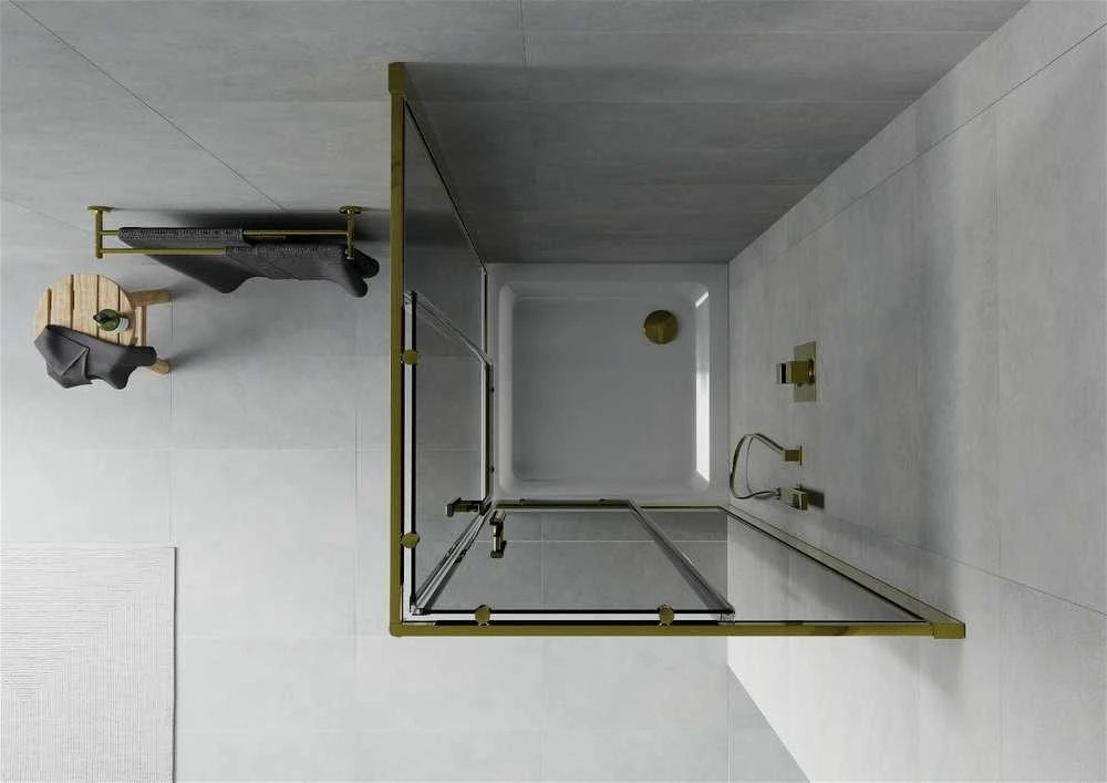 Dušo kabina Mexen Rio F su padėklu ir sifonu, pusiau matinė, Gold/Graphite+Baltas/Gold, 70 x 70 cm