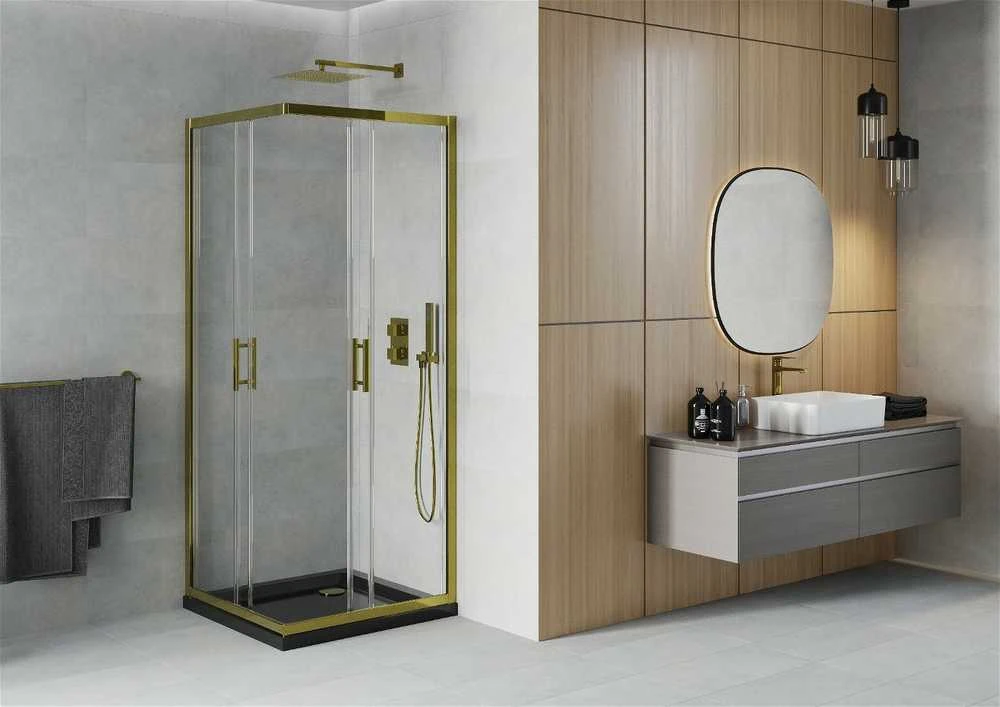 Dušo kabina Mexen Rio F su padėklu ir sifonu, Gold+Juodas/Gold, 70 x 70 cm