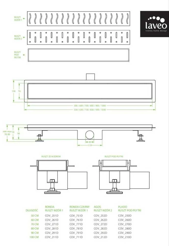 Dušo latakas įklijuojamai plytelei Laveo Plado, 80 cm, Steel