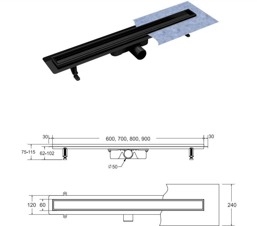 Dušo latakas Virgo Nero Duo, Juodas matt, 60 cm